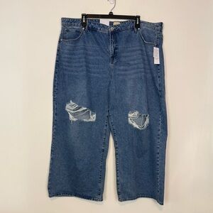 Eloquii Yvette Ripped Wide Leg Rigid Denim Blue Jeans. Plus Size 24. NWT